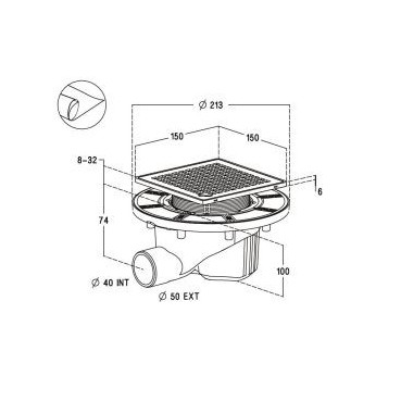 Siphon pour sols carrelés nouvelle génération avec grille et cadre inox 304 sortie horizontale diamètre Ø 40mm x 50mm - largeur 150mm - longueur 150mm Nicoll | SICAX15IHNC