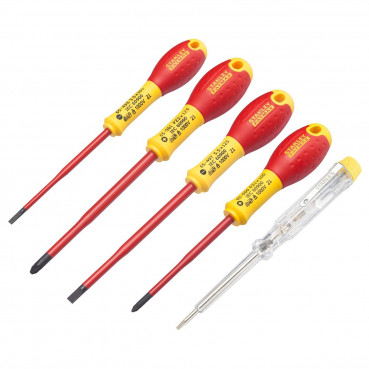 Jeu de 5 tournevis Stanley slim isoles 1000 Volts FATMAX électicien 3.5 x 75 - 5.5 x 150 - PZ1 x100 - PZ2 x 125 - testeur | XTHT0-62693