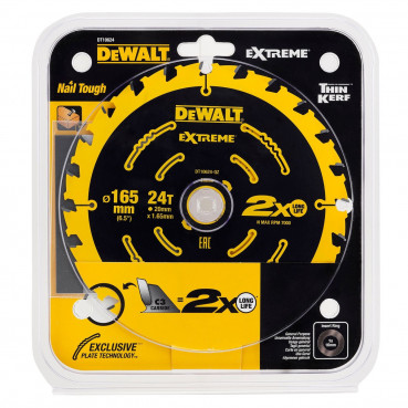 Lame Dewalt pour scie circulaire sans fil extrême, 165 x 20mm - 24 dents | DT10624-QZ