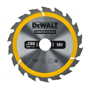 Lame Dewalt pour scie circulaire portative construction 190 x 30mm - 18 dents | DT1943-QZ