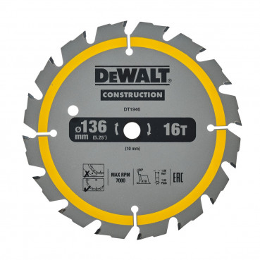 Lame Dewalt pour scie circulaire sans fil construction 136 x 10mm - 16 dents | DT1946-QZ