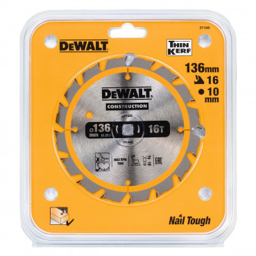 Lame Dewalt pour scie circulaire sans fil construction 136 x 10mm - 16 dents | DT1946-QZ