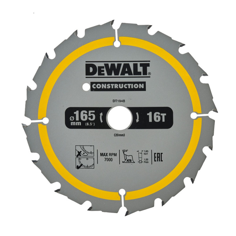 Lame Dewalt pour scie circulaire sans fil construction 165 x 20mm - 16 dents | DT1948-QZ