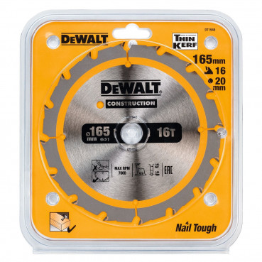 Lame Dewalt pour scie circulaire sans fil construction 165 x 20mm - 16 dents | DT1948-QZ