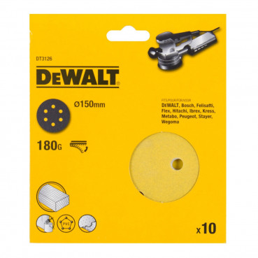 Disque abrasif velcro pour ponceuse excentrique Grain 180 - 6 trous diamètre 150mm Dewalt | DT3126-QZ