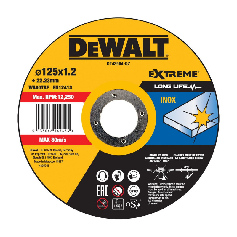 Disque à tronçonner l'inox 125 x 22,2mm - épaisseur 1.2mm - moyeu plat - diamètre 125mm Dewalt | DT43904-QZ