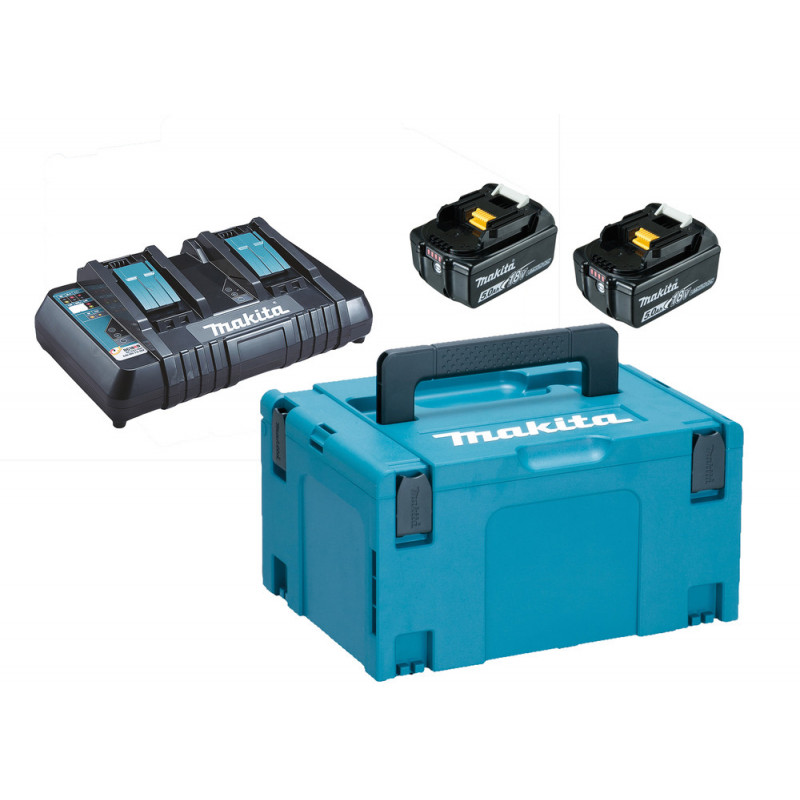 Pack Énergie Makita 18 Volts - sans fil Lithium (Li-Ion) (2 batteries + 1 chargeur Makita double) avec coffret MAKPAC - charge moyenne 45min - 2 batteries 5Ah | 197629-2