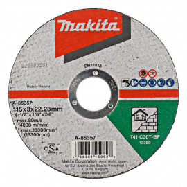 Disques à tronçonner matériaux pour meuleuse - diamètre 115mm - épaisseur 3mm - alésage 22,23mm - 1 pièce(s) - grain C30T - 41 Makita | A-85357