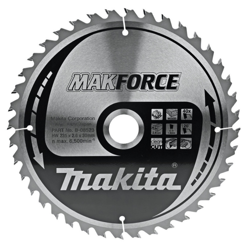 Lame scie circulaire, makforce t.c.t, 235 x 30mm 40 t - diamètre 235mm - coupe-saignée 2,6mm - 40 dents Makita | B-08523