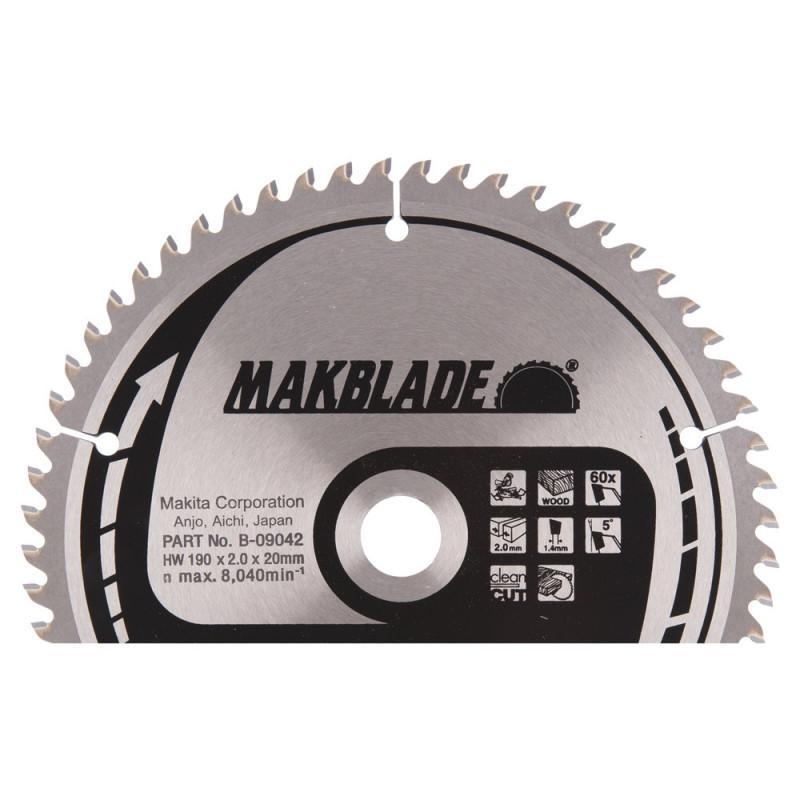 Lames carbure "Makblade" Bois, pour scie radiale et à onglet - diamètre 190mm - coupe-saignée 2mm - 60 dents - alésage 20mm Makita | B-09042