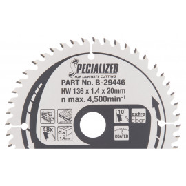 Lame scie circulaire, spécialisée t.c.t, 136 x 20mm 48 t - diamètre 136mm - coupe-saignée 1,4mm - 48 dents Makita | B-29446