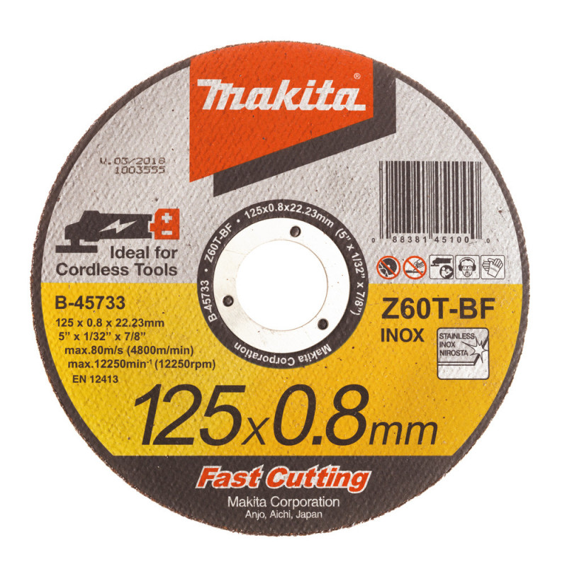 Disques à tronçonner le métal et l'inox pour meuleuse à batterie - diamètre 125mm - épaisseur 0,8mm - alésage 22,23mm - 1 pièce(s) - grain Z60T - 41 Makita | B-45733