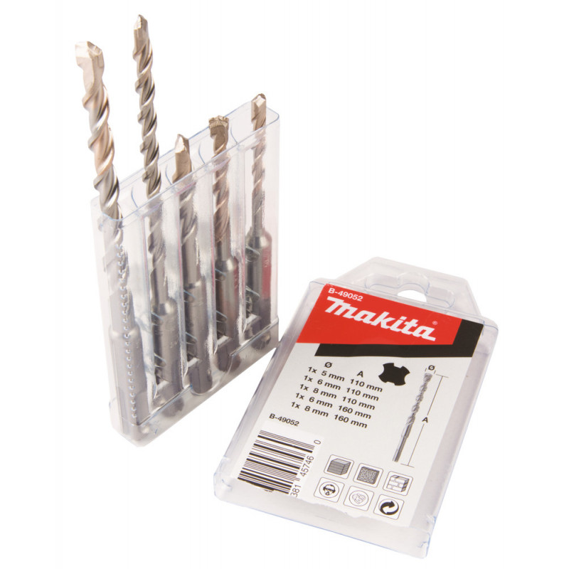 Coffret 5 forets béton Makita SDS-Plus 2 taillants V-Plus - diamètre 5 / 6 / 8mm - longueur totale 110 / 160mm - profondeur maxi de perçage 50 / 100mm - 5 pièce(s) | B-49052