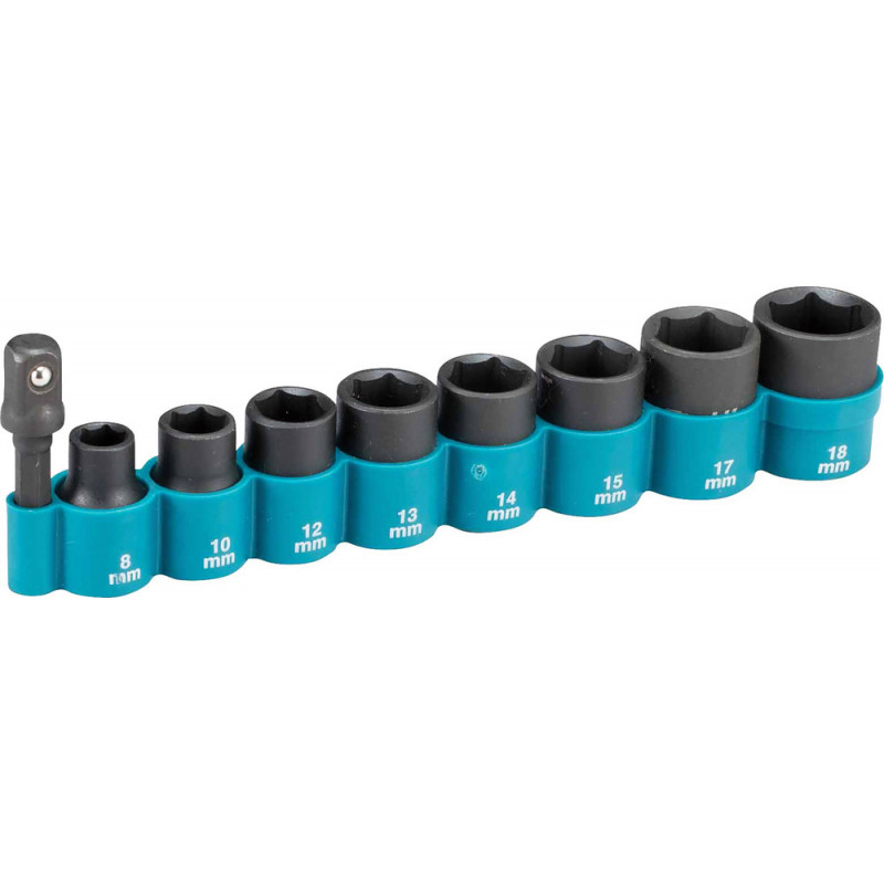 Ensemble de 8 douilles de serrage 1/2" plus adaptateur 3/8" - diamètre 8, 10, 12, 13, 14, 15, 17, 18mm Makita | B-54651