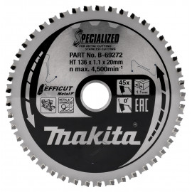 Lames carbures "Specialized" Inox et Métal, pour scies circulaires à métaux à batterie - diamètre 136mm - alésage 20mm - coupe-saignée 1,1mm - 45 dents Makita | B-69272