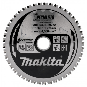 Lames carbures "Specialized" Inox et Métal, pour scies circulaires à métaux à batterie - diamètre 136mm - alésage 20mm - coupe-saignée 1,1mm - 45 dents Makita | B-69272