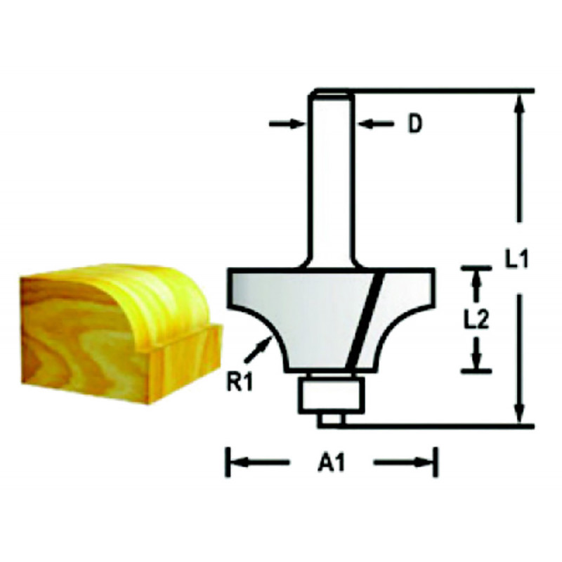 Fraise quart de rond et plat avec roulement (pour défonceuse) - diamètre 6mm - A1 20,3mm - L1 50,5mm - L2 10mm - R14mm Makita | D-48452