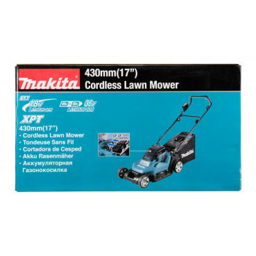 Tondeuse Makita 43cm LXT 36 Volts 2 x 18 Volts - sans fil Lithium (Li-Ion) - 5 Ah - diamètre lame 43cm - hauteur tonte 20 à 75mm - surface tonte 575m² | DLM432CT2