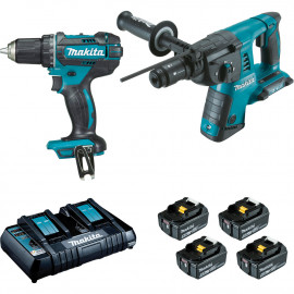 Ensemble pack de 2 machines Makita 18 Volts - sans fil Lithium (Li-Ion) 5 Ah (DDF482 + DHR264) - charge moyenne 45min | DLX2138PTJ