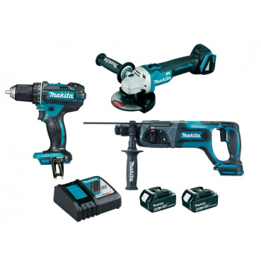 Ensemble pack de 3 machines Makita 18 Volts - sans fil Lithium (Li-Ion) 4 Ah (DDF482 + DGA504 + DHR241) - charge moyenne 36min | DLX3078MJ