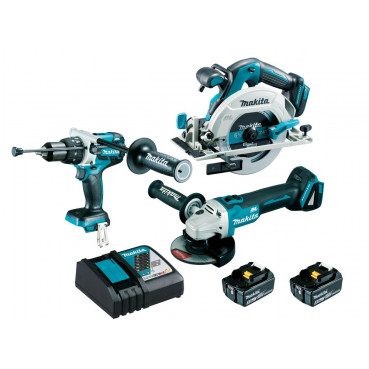 Ensemble pack de 3 machines Makita 18 Volts - sans fil Lithium (Li-Ion) 5 Ah (DHP481 + DGA506 + DHS680) - charge moyenne 45min | DLX3095PTJ