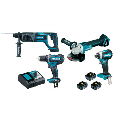 Ensemble pack de 4 machines Makita 18 Volts - sans fil Lithium (Li-Ion) 5 Ah (DGA504 + DDF482 + DHR241 + DTD153) - charge moyenne 45min | DLX4080TX1