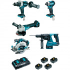 Image du produit : Ensemble pack de 5 machines Makita 18 Volts - sans fil Lithium (Li-Ion) 5 Ah (DTD154 + DGA506 + DHR243 + DHS680 + DHP481) - charge moyenne 45min | DLX5038PTJ