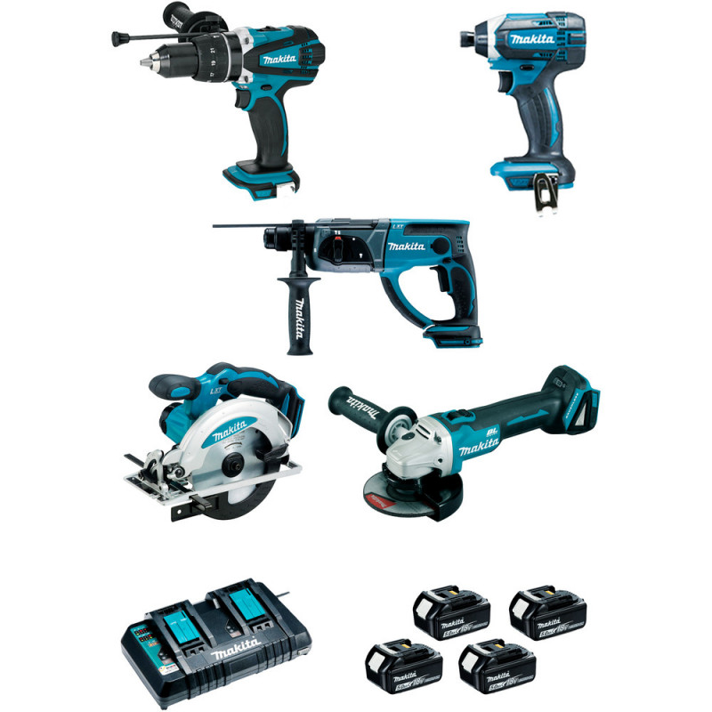 Ensemble pack de 5 machines Makita 18 Volts - sans fil Lithium (Li-Ion) 5 Ah (DHP458 + DTD152 + DGA504 + DHR202 + DSS610) - charge moyenne 45min | DLX5039PTJ